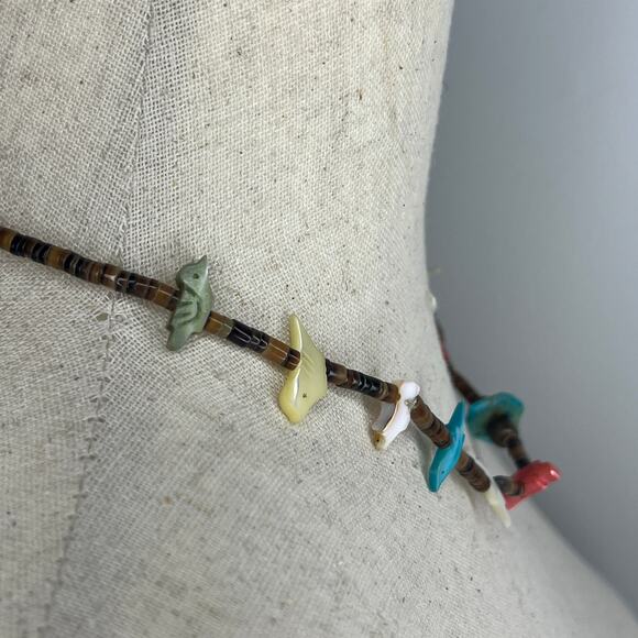 Zuni Fetish Necklace 10 Birds 18" Heishi Bead Native American Brown Multicolor - Picture 9 of 12